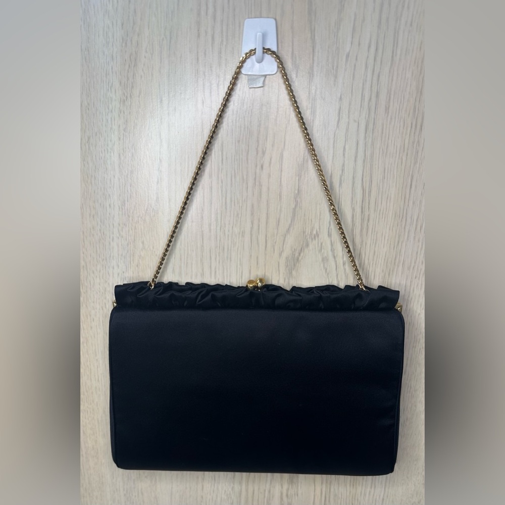 Vintage MM Satin.. Black Satin Clutch with Gold Chain NEW